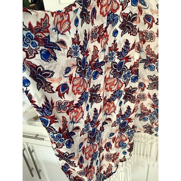 Forever 21 Womens Floral Kimono Shawl Sz L Fringe - Picture 2 of 8